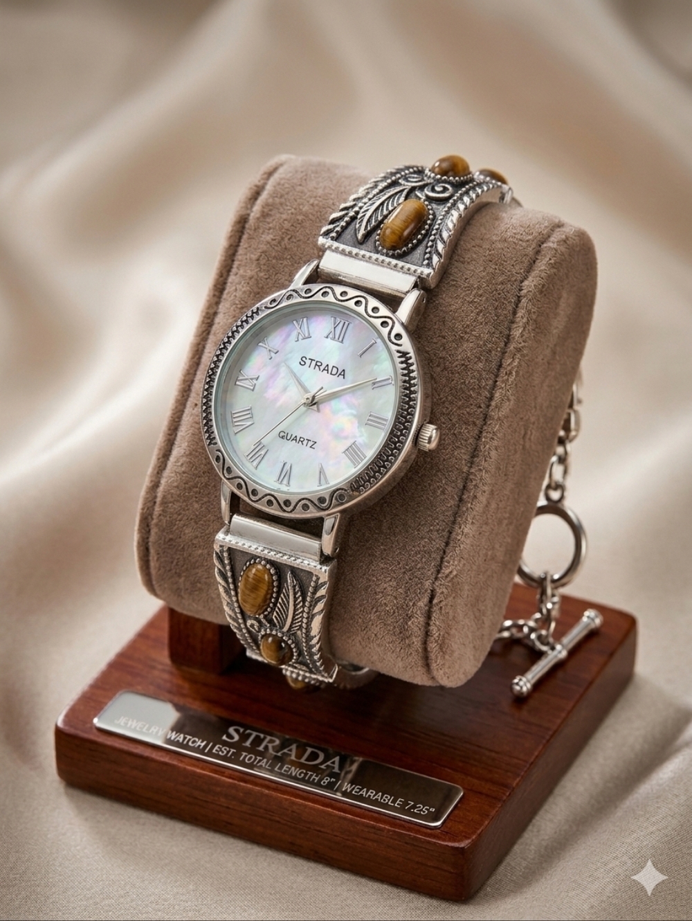 Strada Silver Bracelet Watch with Brown Stone Accents and Mother-of-Pearl Dial